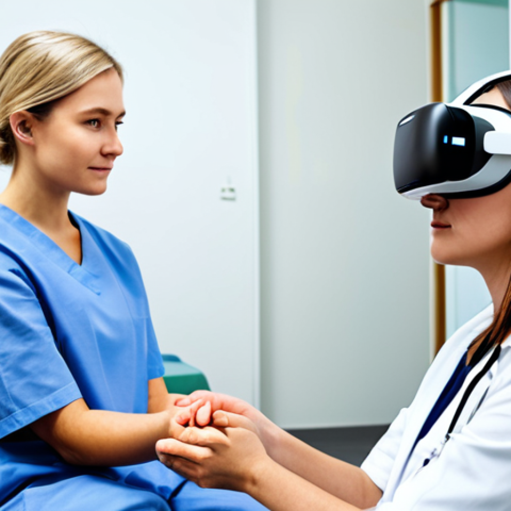 A young adult female in comfortable, modest rehabilitation attire, wearing a professional virtual reality headset. She is seated in a natural pose, intently focused, with her hands gently resting, engaging with a simulated environment. In the background, a professional female therapist, fully clothed in appropriate clinic attire, observes with a supportive expression. The setting is a brightly lit, modern rehabilitation clinic room with sleek, clean design and professional medical equipment. The image emphasizes the safe and controlled practice of daily activities and cognitive skills. safe for work, appropriate content, fully clothed, family-friendly, perfect anatomy, correct proportions, natural pose, well-formed hands, proper finger count, natural body proportions, professional photography, high detail, sharp focus, natural lighting.