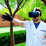 A focused adult patient, fully clothed in comfortable, modest rehabilitation attire, actively engaged in a virtual reality therapy session. They are wearing a modern VR headset and haptic gloves, reaching out to "collect" virtual objects in a bright, simulated outdoor environment, perhaps a garden with a virtual tree. The scene highlights the immersive and gamified aspect of rehabilitation. The background is a clean, professional therapy room with muted tones. perfect anatomy, correct proportions, natural pose, well-formed hands, proper finger count, natural body proportions, professional photography, high quality, clear focus, safe for work, appropriate content, fully clothed, professional, family-friendly.