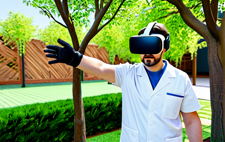A focused adult patient, fully clothed in comfortable, modest rehabilitation attire, actively engaged in a virtual reality therapy session. They are wearing a modern VR headset and haptic gloves, reaching out to "collect" virtual objects in a bright, simulated outdoor environment, perhaps a garden with a virtual tree. The scene highlights the immersive and gamified aspect of rehabilitation. The background is a clean, professional therapy room with muted tones. perfect anatomy, correct proportions, natural pose, well-formed hands, proper finger count, natural body proportions, professional photography, high quality, clear focus, safe for work, appropriate content, fully clothed, professional, family-friendly.