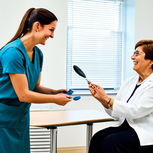 Home 19 **
A cheerful occupational therapist, fully clothed in professional attire, patiently explaining exercises to an older woman in a brightly lit clinic. The therapist is demonstrating the use of adapted utensils. Safe for work, appropriate content, professional, modest, perfect anatomy, natural proportions, well-formed hands. Background: A clean and organized therapy room with assistive devices visible.
**