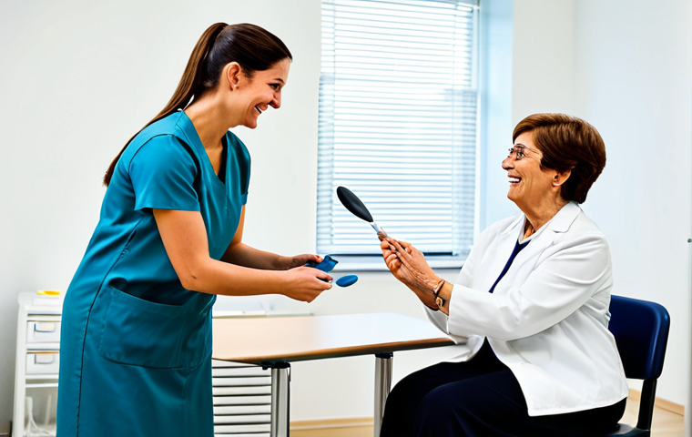 **

A cheerful occupational therapist, fully clothed in professional attire, patiently explaining exercises to an older woman in a brightly lit clinic. The therapist is demonstrating the use of adapted utensils. Safe for work, appropriate content, professional, modest, perfect anatomy, natural proportions, well-formed hands. Background: A clean and organized therapy room with assistive devices visible.

**