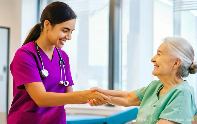 작업치료사의 환자 안전 관리 - **Prompt:** A warm, empathetic occupational therapist (wearing professional, appropriate medical scr...