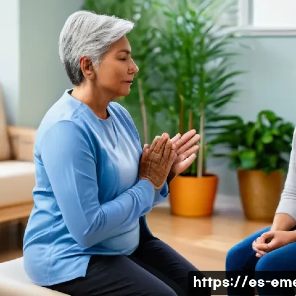 작업치료사로서의 자기 통제력 강화 - A calm therapy room scene showing a middle-aged Hispanic male patient practicing deep breathing exer...