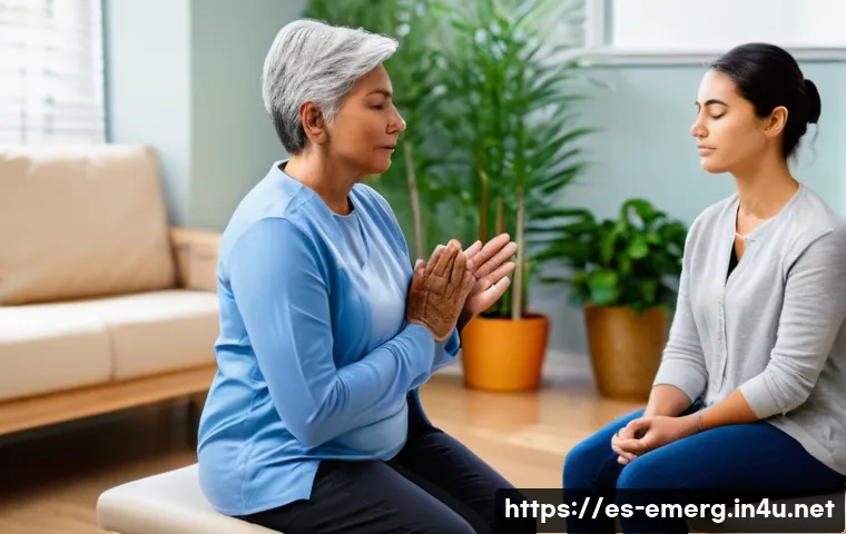 작업치료사로서의 자기 통제력 강화 - A calm therapy room scene showing a middle-aged Hispanic male patient practicing deep breathing exer...