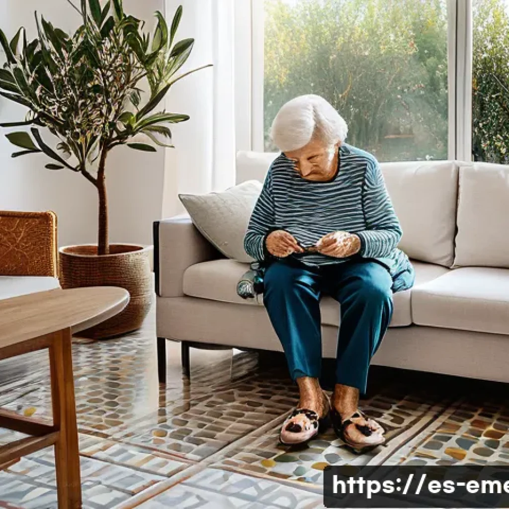 작업치료사와 가족 치료 - A warm, sunlit living room scene in a modern Spanish home, showing an elderly woman wearing comforta...
