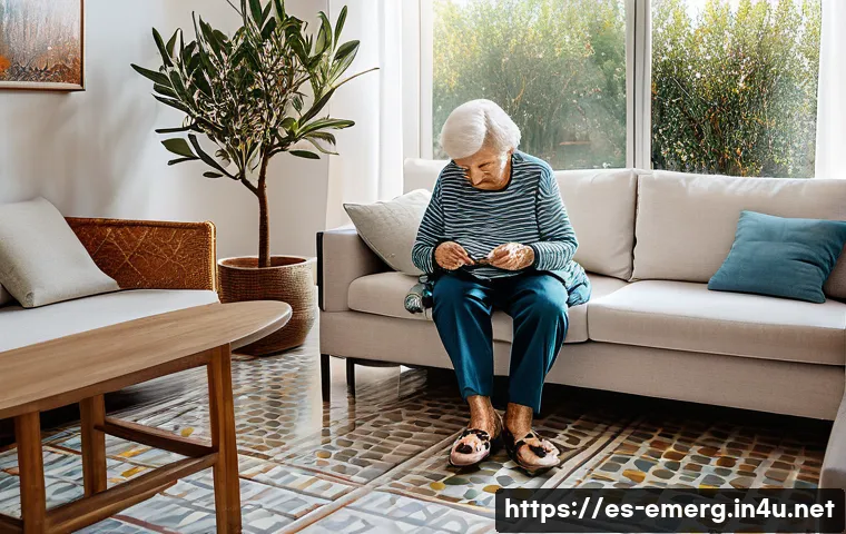 작업치료사와 가족 치료 - A warm, sunlit living room scene in a modern Spanish home, showing an elderly woman wearing comforta...