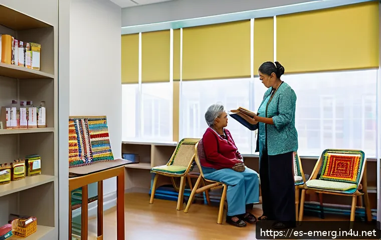 작업치료사의 치료 가이드라인 적용 - A warm, inviting occupational therapy clinic room in a Latin American setting, featuring bright natu...