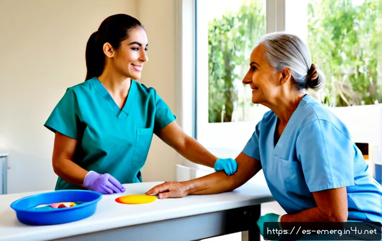 Home 15 작업치료사 전문성 키우는 방법 - Photorealistic occupational therapist in a bright Spanish rehabilitation clinic, wearing professiona...